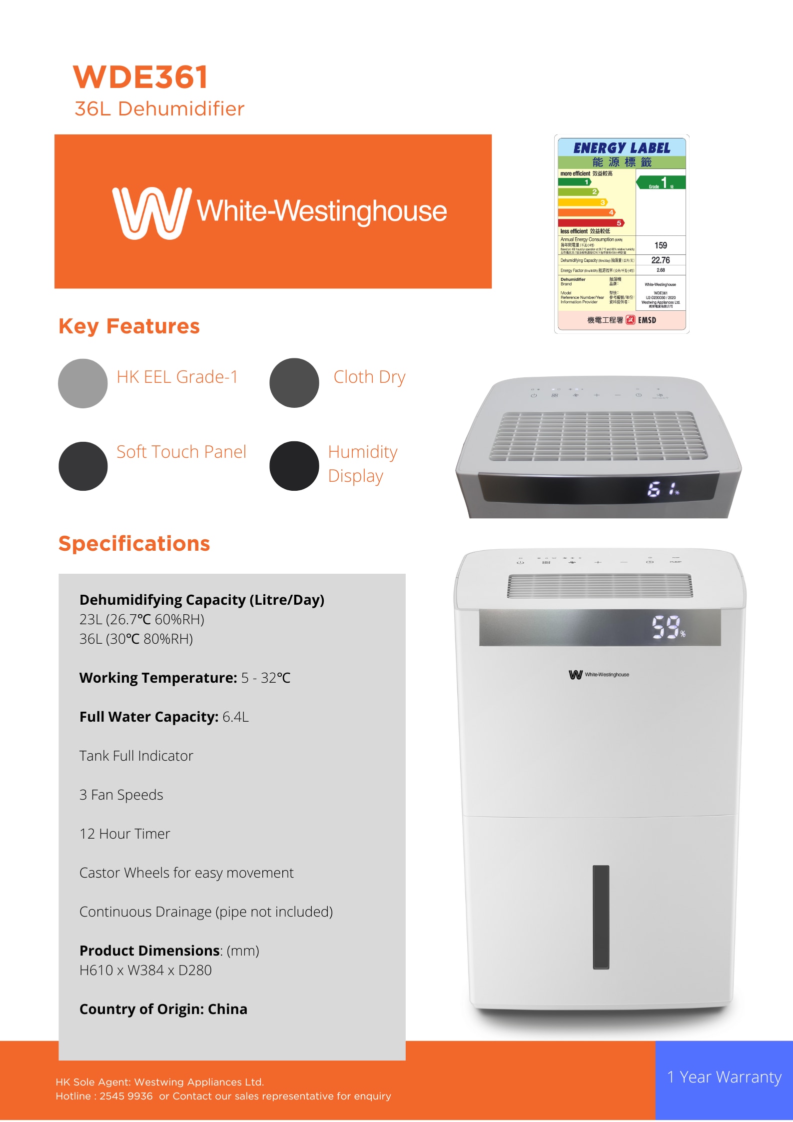 WHITE WESTINGHOUSE WDE361 36L Dehumidifier